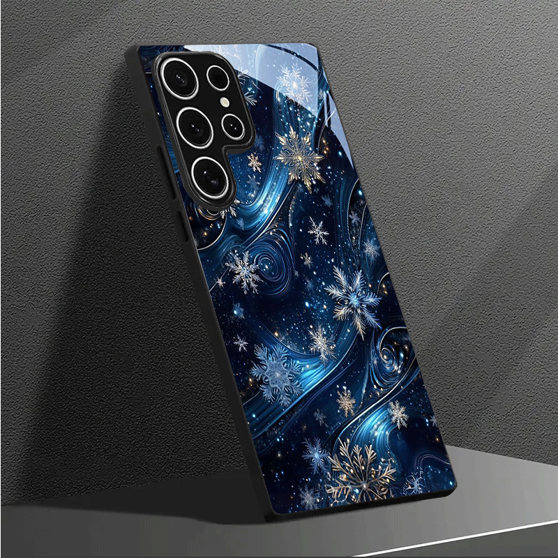 Pc Case Tempered Glass - Blue and gold snowflake pattern black